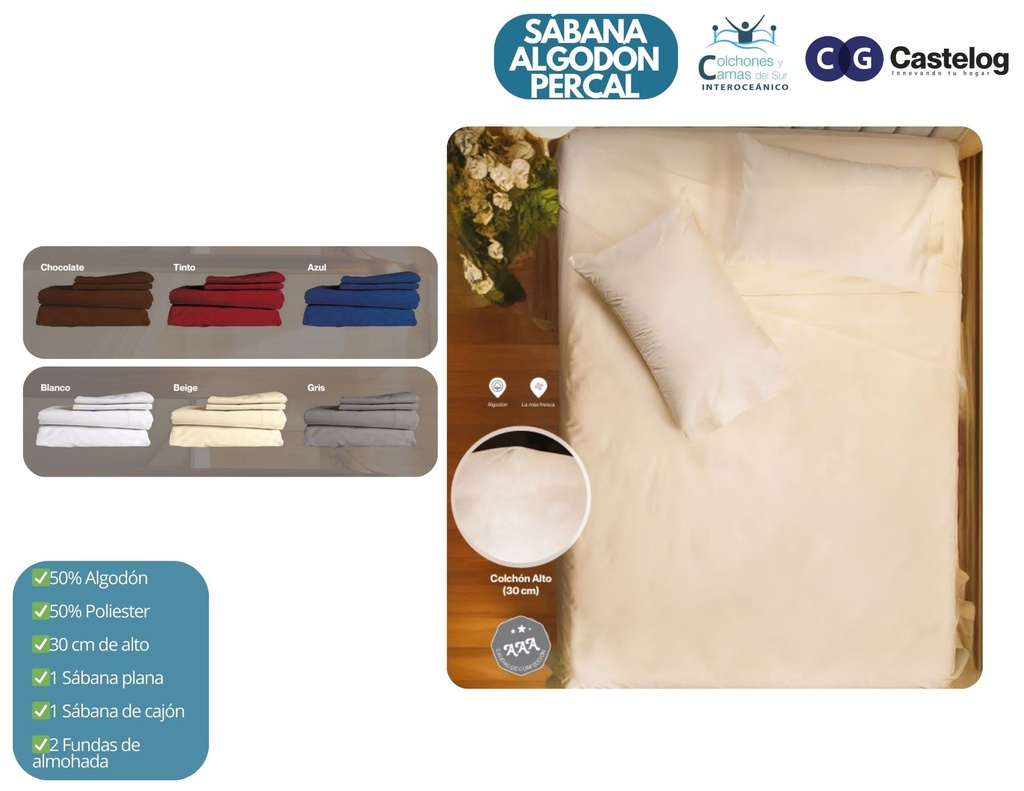 Castelog - Sábana de Algodón Percal Queensize